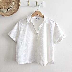 Nine West White Linen Blend Cropped Top Women’s Medium Boxy Short Sleeve Shirt